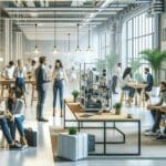 Espacio interior luminoso de una aceleradora de startups con personas conversando en torno a prototipos tecnológicos.