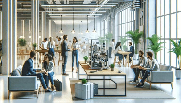 Espacio interior luminoso de una aceleradora de startups con personas conversando en torno a prototipos tecnológicos.