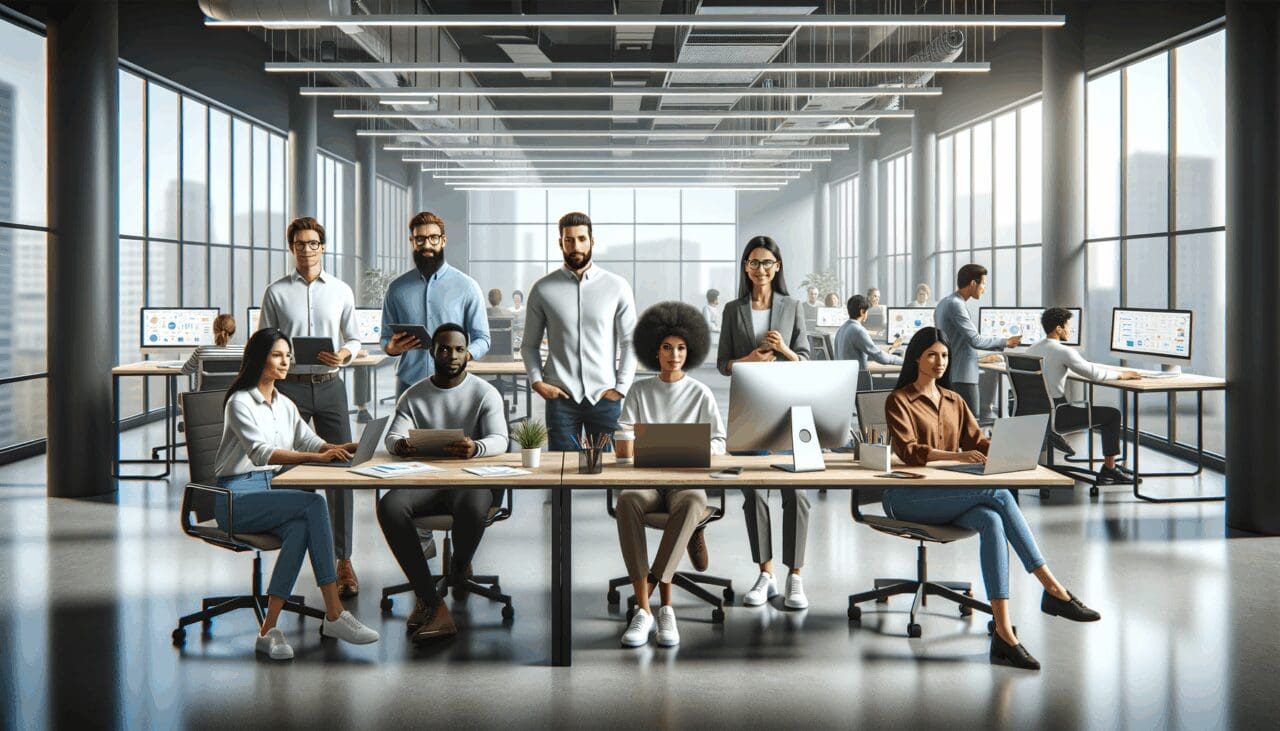 Personas diversas colaborando en un espacio abierto de coworking con ambiente tecnológico y elementos modernos de oficina.