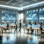 Oficina moderna con equipos trabajando en tecnología financiera y pantallas mostrando gráficos de criptomonedas.