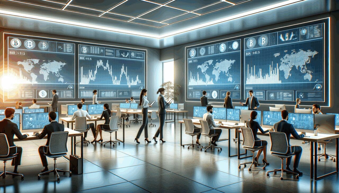 Oficina moderna con equipos trabajando en tecnología financiera y pantallas mostrando gráficos de criptomonedas.