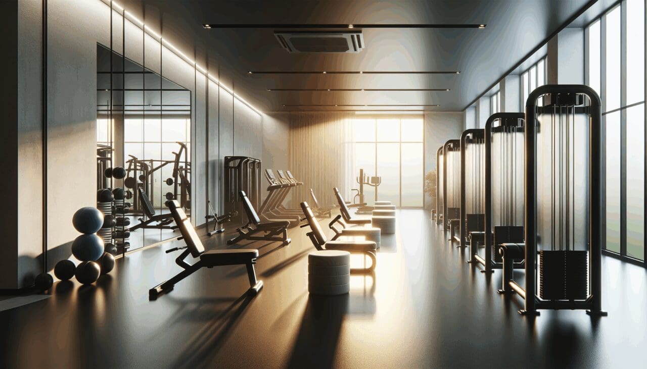 Sala de gimnasio moderna con equipos de ejercicio y luz natural