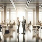 Emprendedores dialogando en un moderno espacio de coworking, luz natural y ambiente colaborativo.