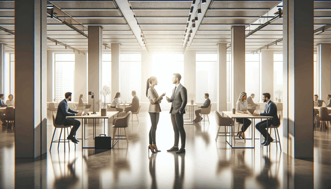 Emprendedores dialogando en un moderno espacio de coworking, luz natural y ambiente colaborativo.