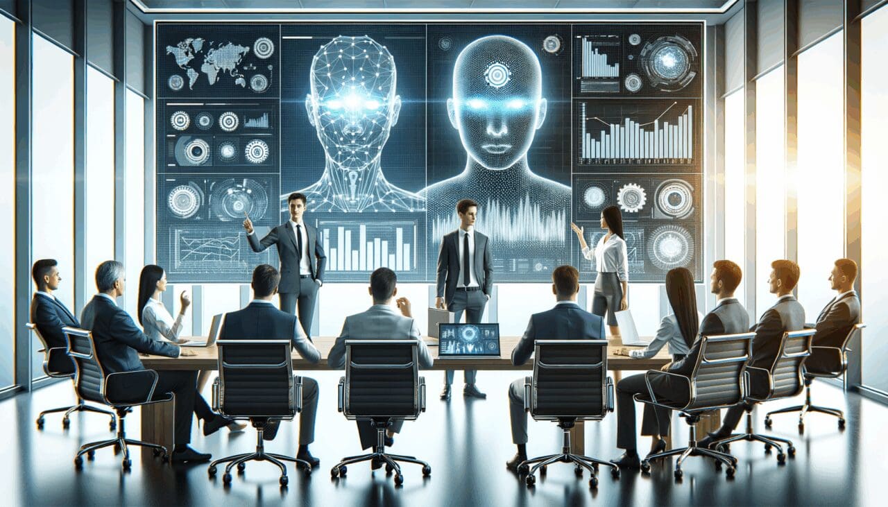 Directivos de negocios en una sala de reuniones con pantallas mostrando gráficos de inteligencia artificial y tecnología.