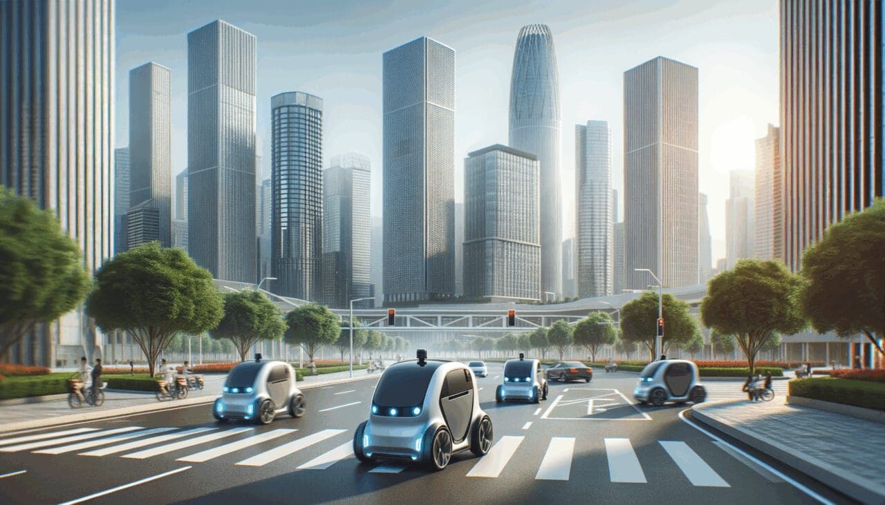 Fotografía de vehículos autónomos circulando frente a rascacielos en una ciudad asiática moderna, con ambiente de innovación tecnológica.