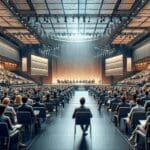 Auditorio repleto de emprendedores y líderes en un moderno centro de convenciones tecnológico, ambiente vibrante y profesional.