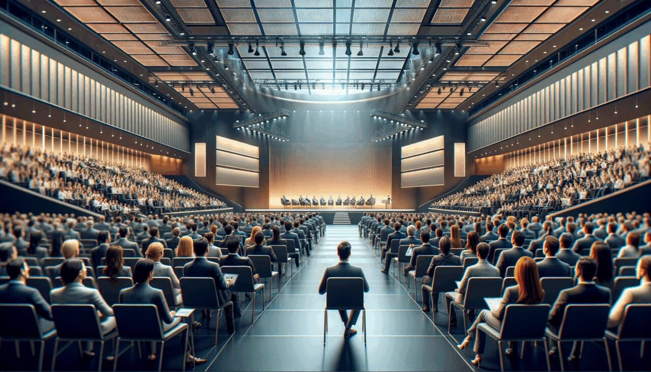 Auditorio repleto de emprendedores y líderes en un moderno centro de convenciones tecnológico, ambiente vibrante y profesional.