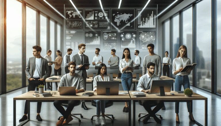 Equipo de jóvenes emprendedores trabajando en una oficina moderna, con pantallas mostrando gráficos y elementos de inteligencia artificial.