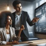 Primer plano de emprendedores colaborando frente a una pantalla con gráficos de innovación en un entorno moderno.