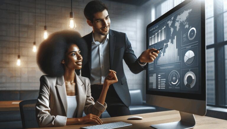 Primer plano de emprendedores colaborando frente a una pantalla con gráficos de innovación en un entorno moderno.