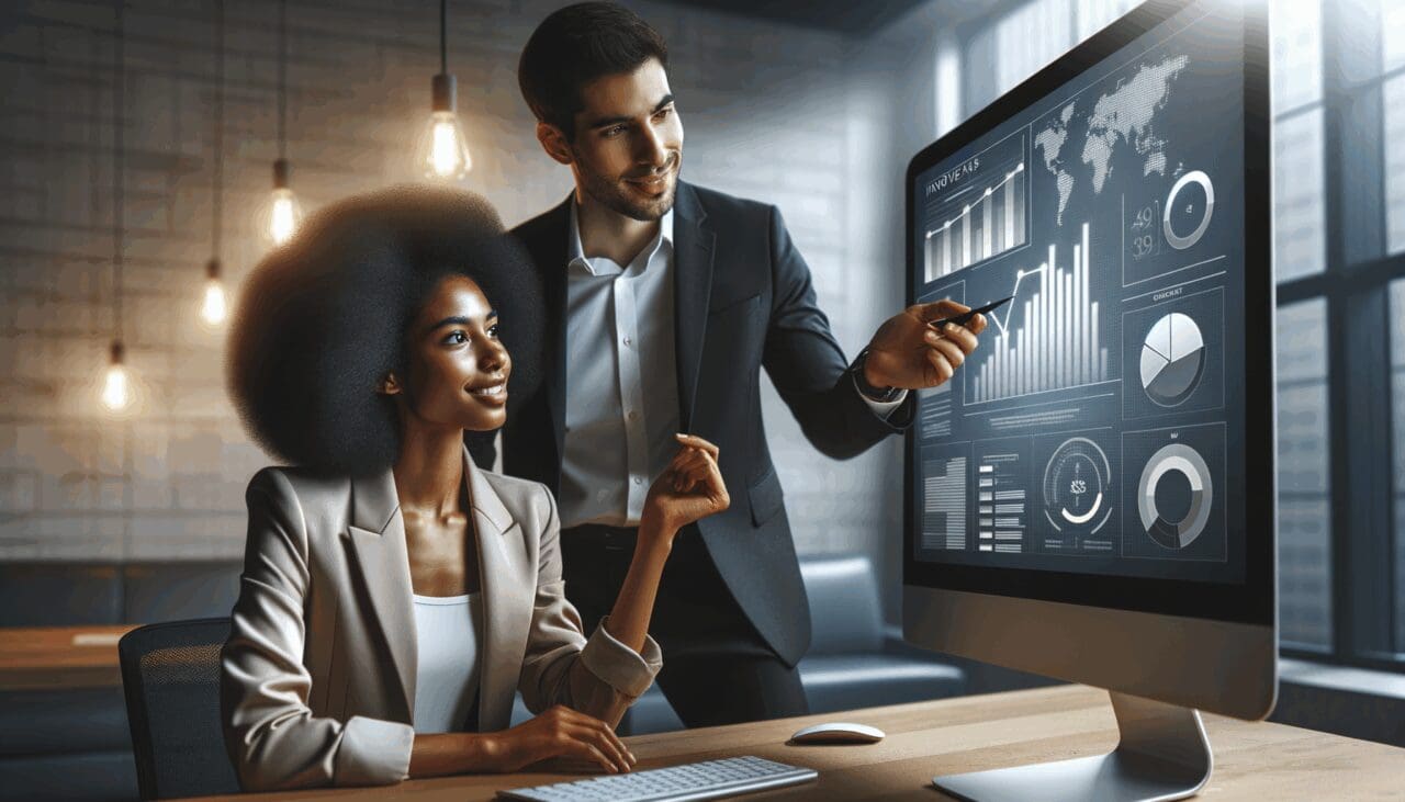 Primer plano de emprendedores colaborando frente a una pantalla con gráficos de innovación en un entorno moderno.