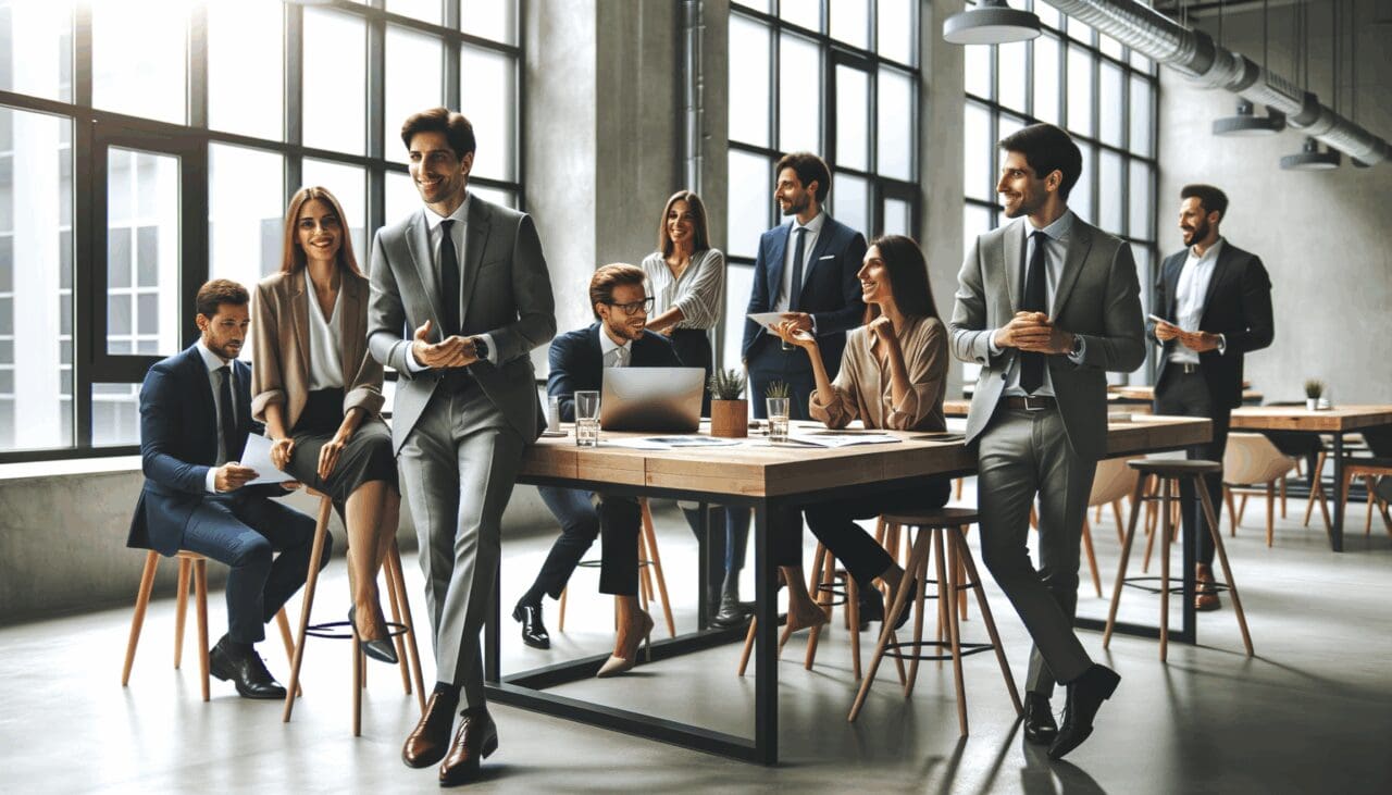 Fotografía de emprendedores y ejecutivos colaborando en un moderno espacio de coworking.