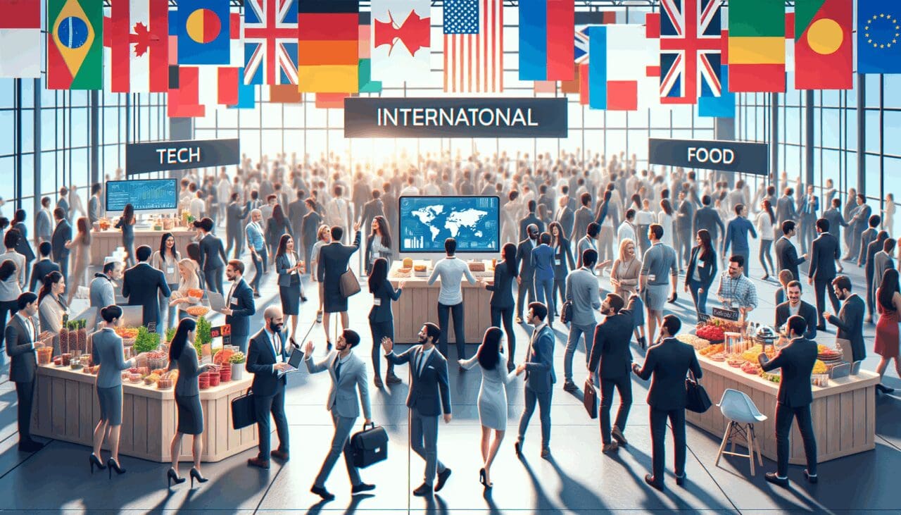 Perspectiva de un evento internacional con emprendedores interactuando en stands tecnológicos y de alimentos.