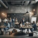 Grupo diverso de emprendedores colaborando en un espacio de coworking moderno, con pizarras y dispositivos digitales.