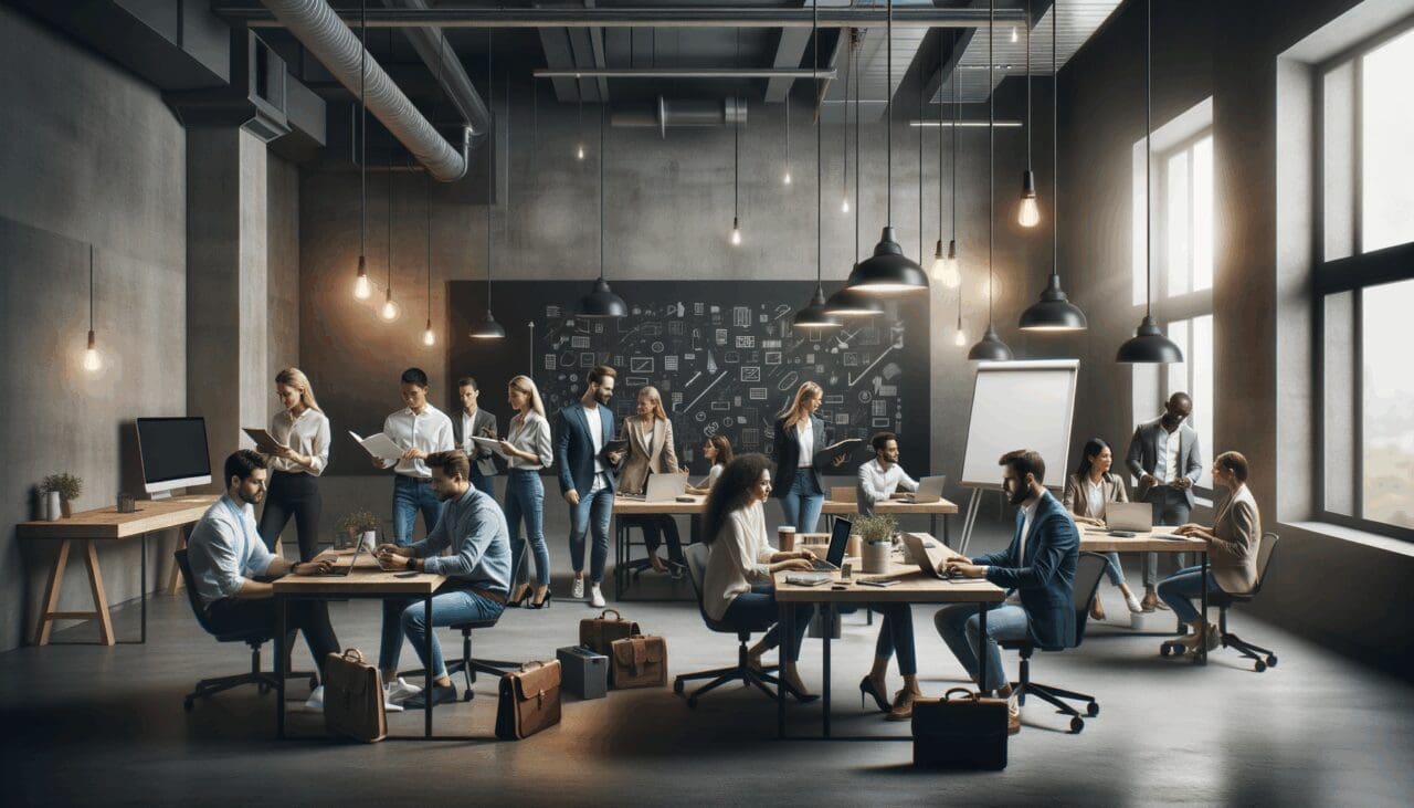 Grupo diverso de emprendedores colaborando en un espacio de coworking moderno, con pizarras y dispositivos digitales.