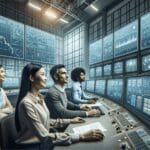 Equipo de ingenieros analizando datos en una sala de control digital con pantallas de gráficos y sensores industriales.