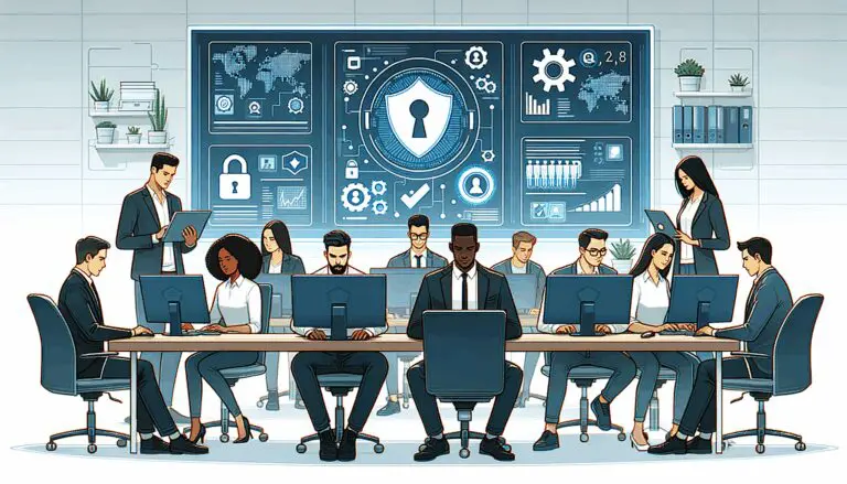 Ilustración de un equipo startup trabajando en una oficina tecnológica con pantallas que muestran gráficos de ciberseguridad.