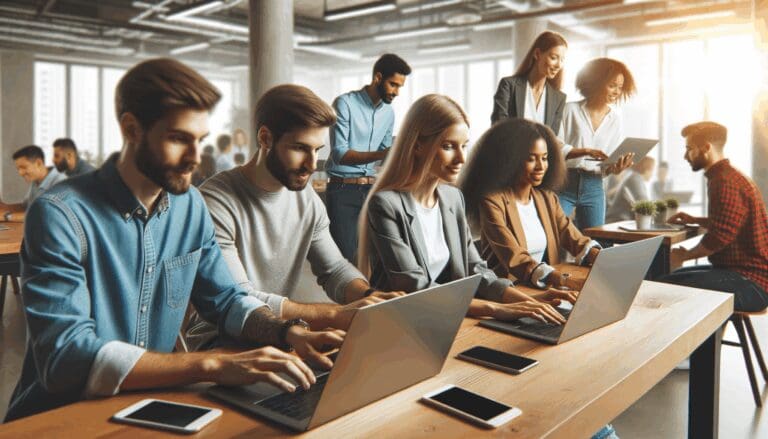 Grupo diverso de jóvenes emprendedores colaborando en laptops en un moderno espacio de coworking.