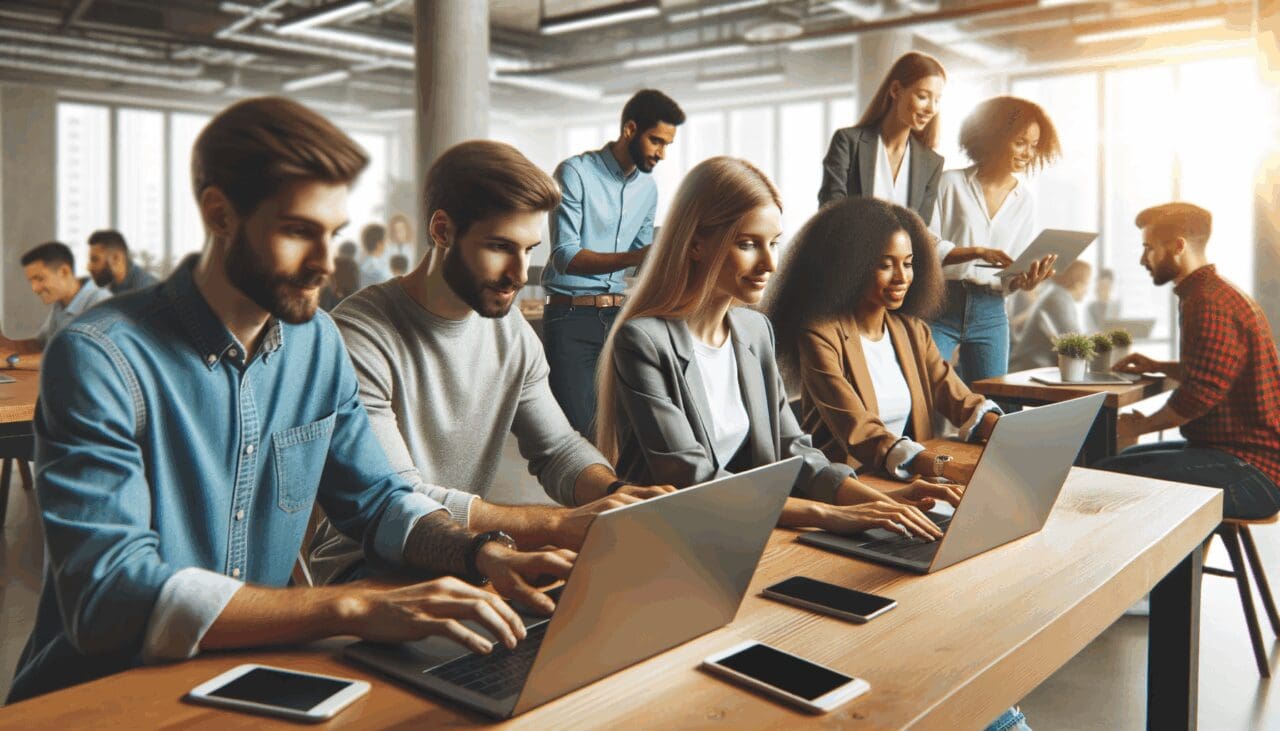 Grupo diverso de jóvenes emprendedores colaborando en laptops en un moderno espacio de coworking.