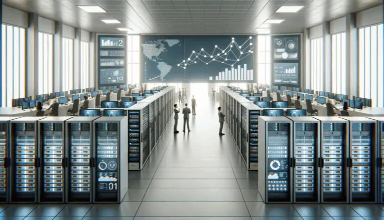 Plano general de un laboratorio moderno lleno de servidores y pantallas mostrando gráficos de datos.