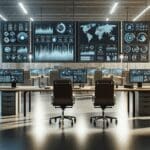 Espacio moderno de oficinas con equipos de tecnología trabajando y pantallas mostrando gráficos digitales.