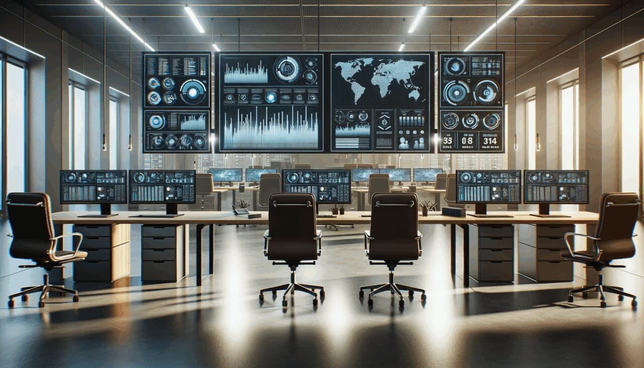 Espacio moderno de oficinas con equipos de tecnología trabajando y pantallas mostrando gráficos digitales.