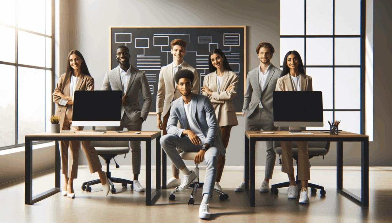 Jóvenes emprendedores trabajando en una oficina moderna con computadoras y pizarras digitales.