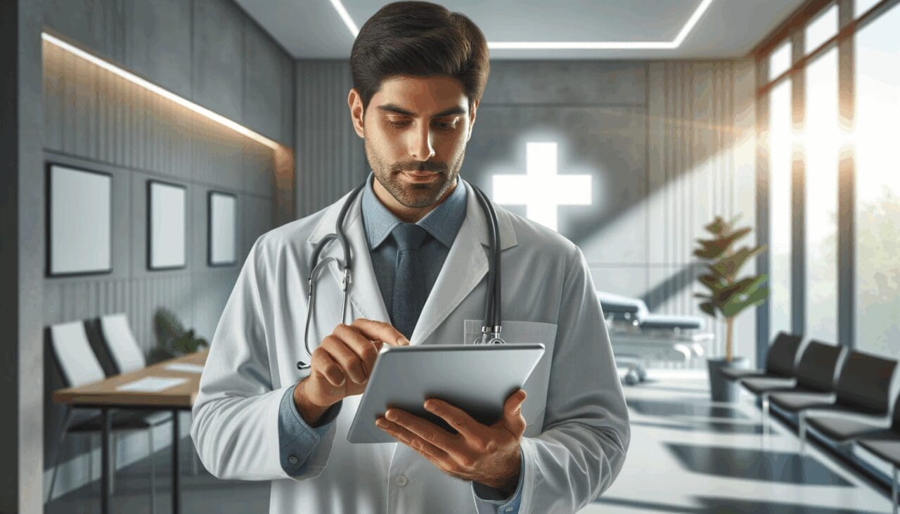 Médico usando una tableta en un moderno centro de salud digital, ambiente luminoso y futurista.
