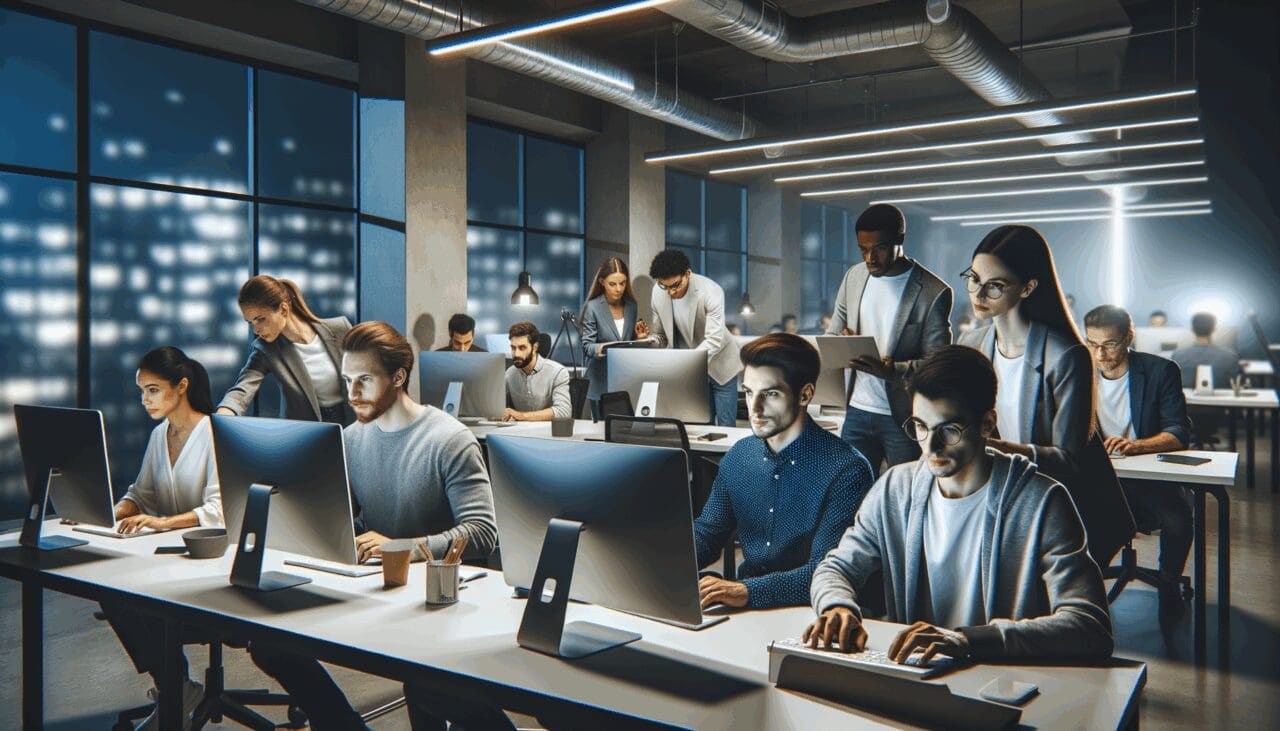 Equipo de jóvenes emprendedores trabajando intensamente frente a computadoras en un espacio de coworking moderno, ambiente nocturno.