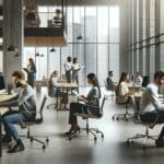 Emprendedores trabajando en una oficina moderna con equipos tecnológicos.