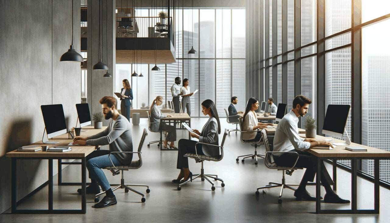 Emprendedores trabajando en una oficina moderna con equipos tecnológicos.