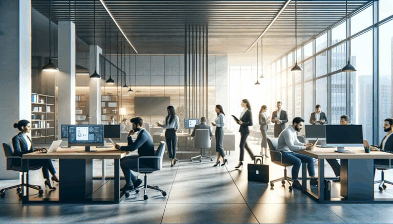 Interior moderno de una startup de tecnología con equipos diversos trabajando en soluciones innovadoras.