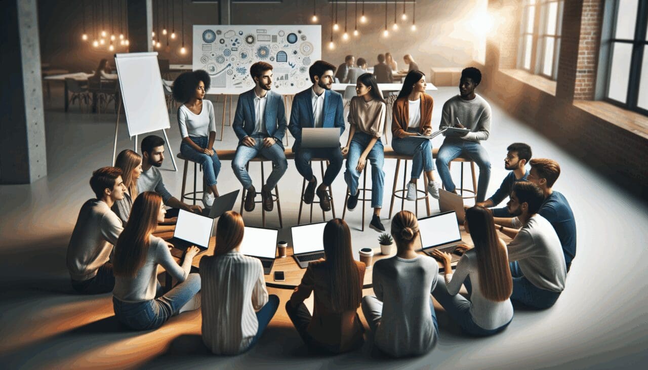 Personas jóvenes colaborando en un espacio de coworking moderno con computadoras portátiles y pizarras blancas.