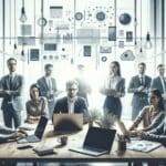 Fotografía editorial de emprendedores reunidos en un coworking moderno, laptops y dispositivos tecnológicos sobre la mesa.