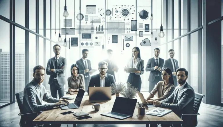 Fotografía editorial de emprendedores reunidos en un coworking moderno, laptops y dispositivos tecnológicos sobre la mesa.