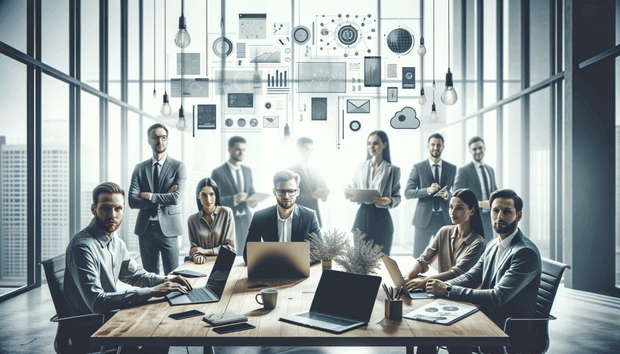 Fotografía editorial de emprendedores reunidos en un coworking moderno, laptops y dispositivos tecnológicos sobre la mesa.