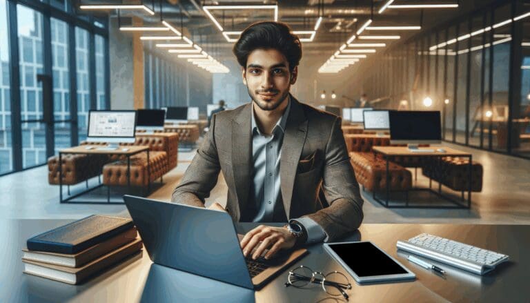 Retrato de una joven emprendedora trabajando en un espacio moderno con portátiles y elementos tecnológicos.