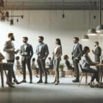 Grupo de emprendedores reunidos en un espacio de coworking moderno, conversando y colaborando.