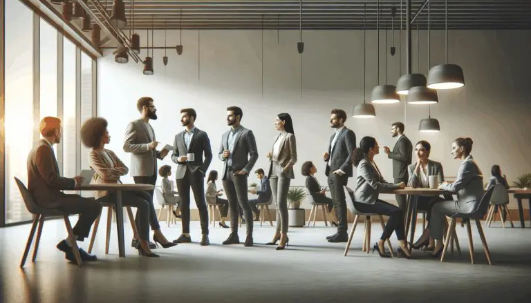 Grupo de emprendedores reunidos en un espacio de coworking moderno, conversando y colaborando.