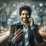 Emprendedor latinoamericano en videollamada, fondo urbano moderno y pizarras con ideas tecnológicas.