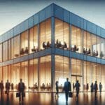 Edificio moderno de oficinas iluminado al atardecer con personas colaborando y pantallas digitales visibles.