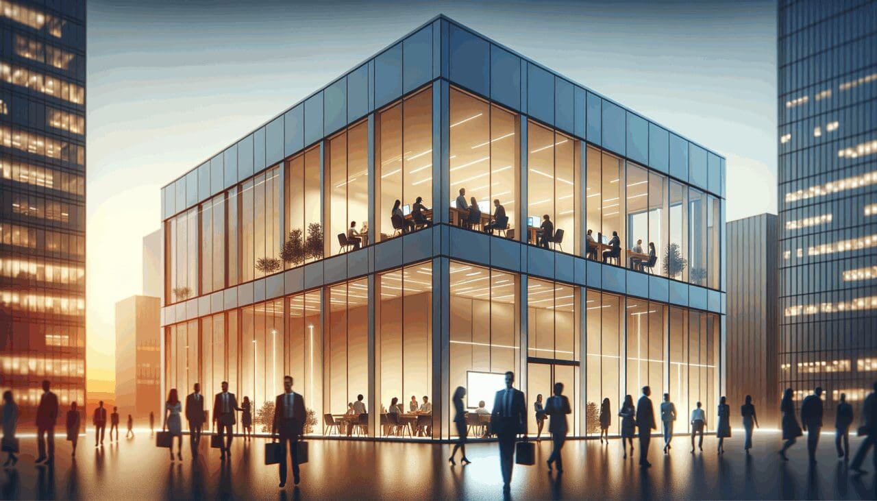 Edificio moderno de oficinas iluminado al atardecer con personas colaborando y pantallas digitales visibles.