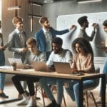 Emprendedores jóvenes colaborando en una moderna oficina con laptops y pizarras digitales.