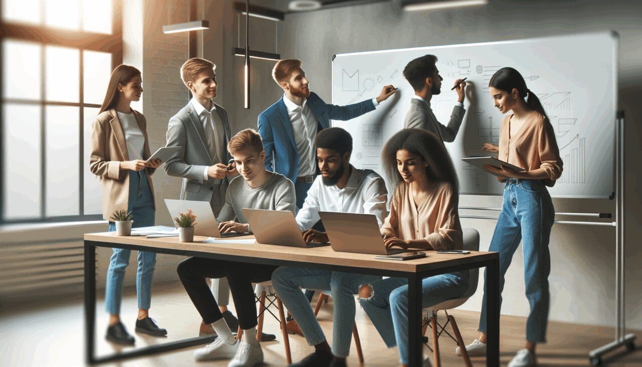 Emprendedores jóvenes colaborando en una moderna oficina con laptops y pizarras digitales.