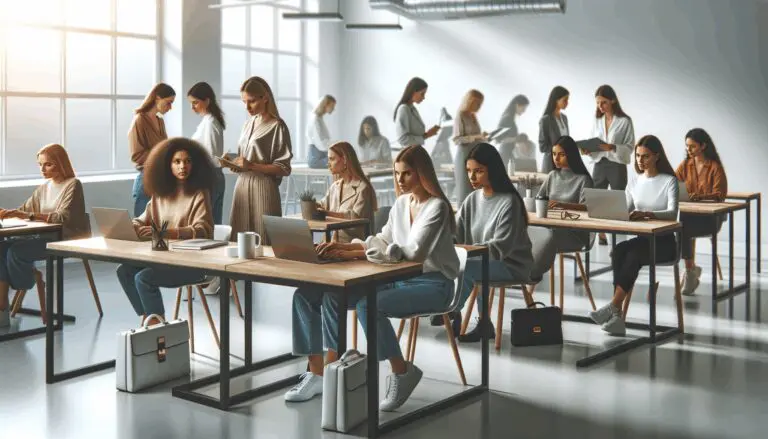 Retrato grupal de emprendedoras tecnológicas trabajando en un espacio de coworking moderno.