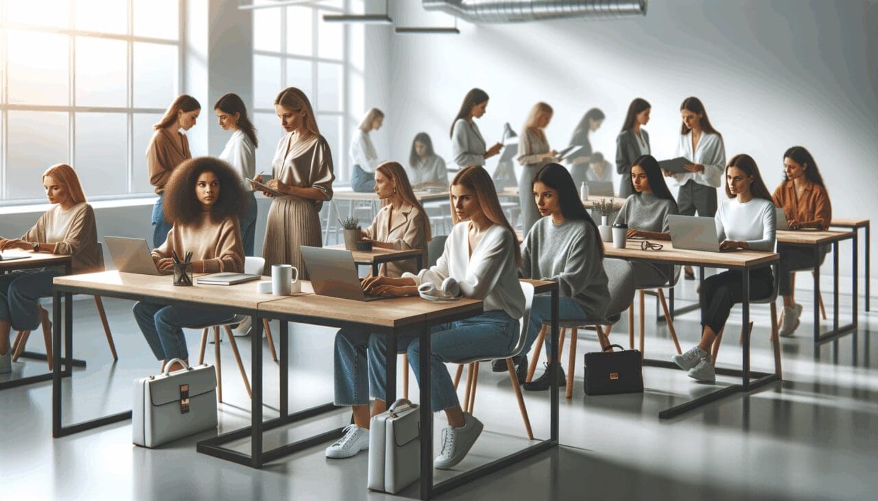 Retrato grupal de emprendedoras tecnológicas trabajando en un espacio de coworking moderno.