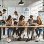 Emprendedores jóvenes colaborando en un espacio coworking moderno, laptops y pizarras con gráficos visibles.