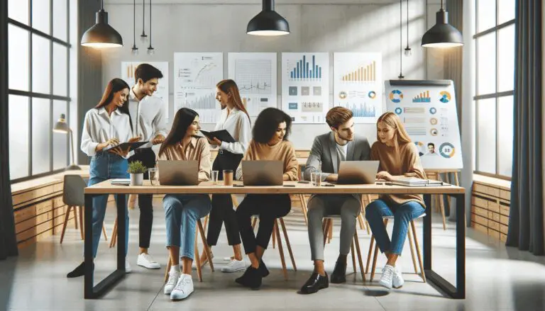 Emprendedores jóvenes colaborando en un espacio coworking moderno, laptops y pizarras con gráficos visibles.