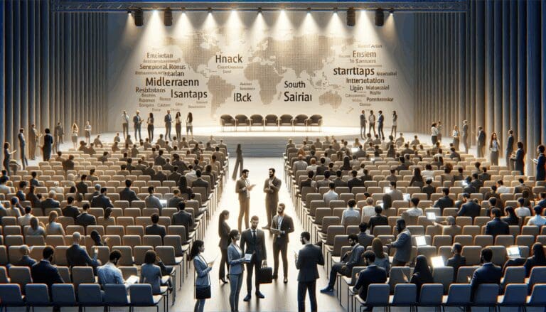 Auditorio moderno repleto de profesionales tecnológicos conversando y presentando startups en un evento internacional.